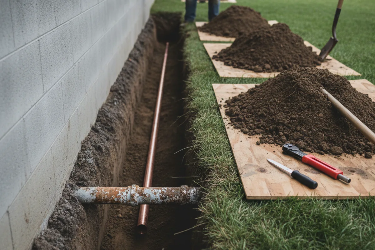 Excavated water line trench during Water Softener Installation in Railroad